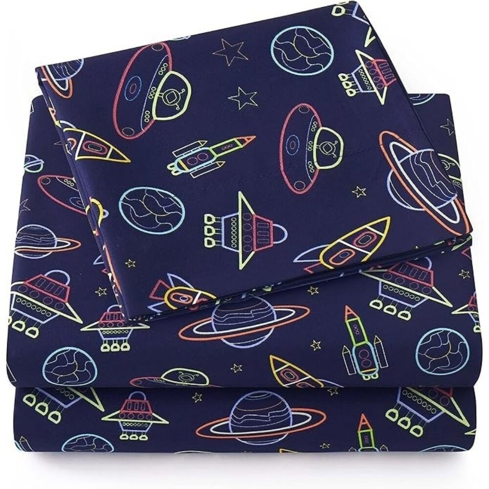 Sweet Home 1500 Supreme Kids Sheet Set Twin XL Neon Spaceships Deep Pocket NEW!